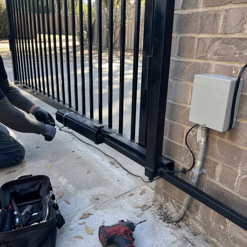 Technician performing professional electric gate motor and opener repair