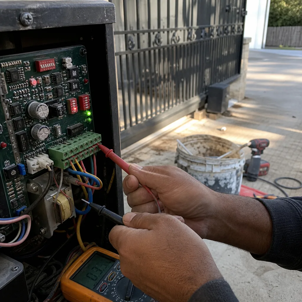 Technician using a multimeter to repair an automatic gate motor control board.