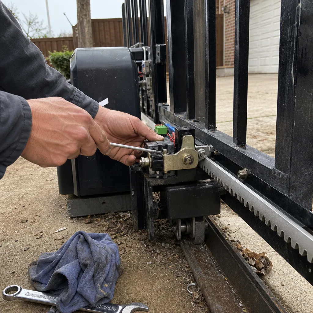 Technician performing maintenance on an automatic sliding gate motor and gear