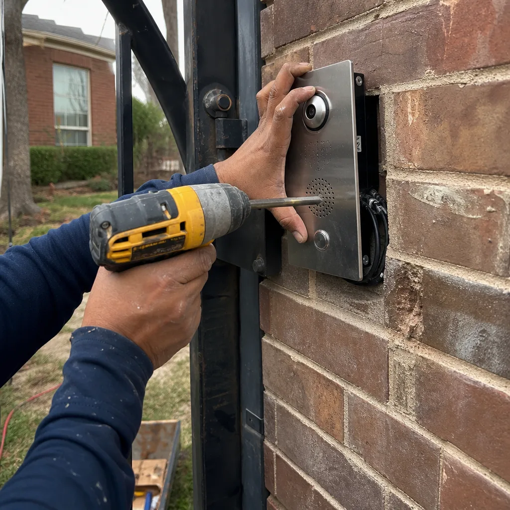 Technician installing a gate access control panel with a power drill nationwide