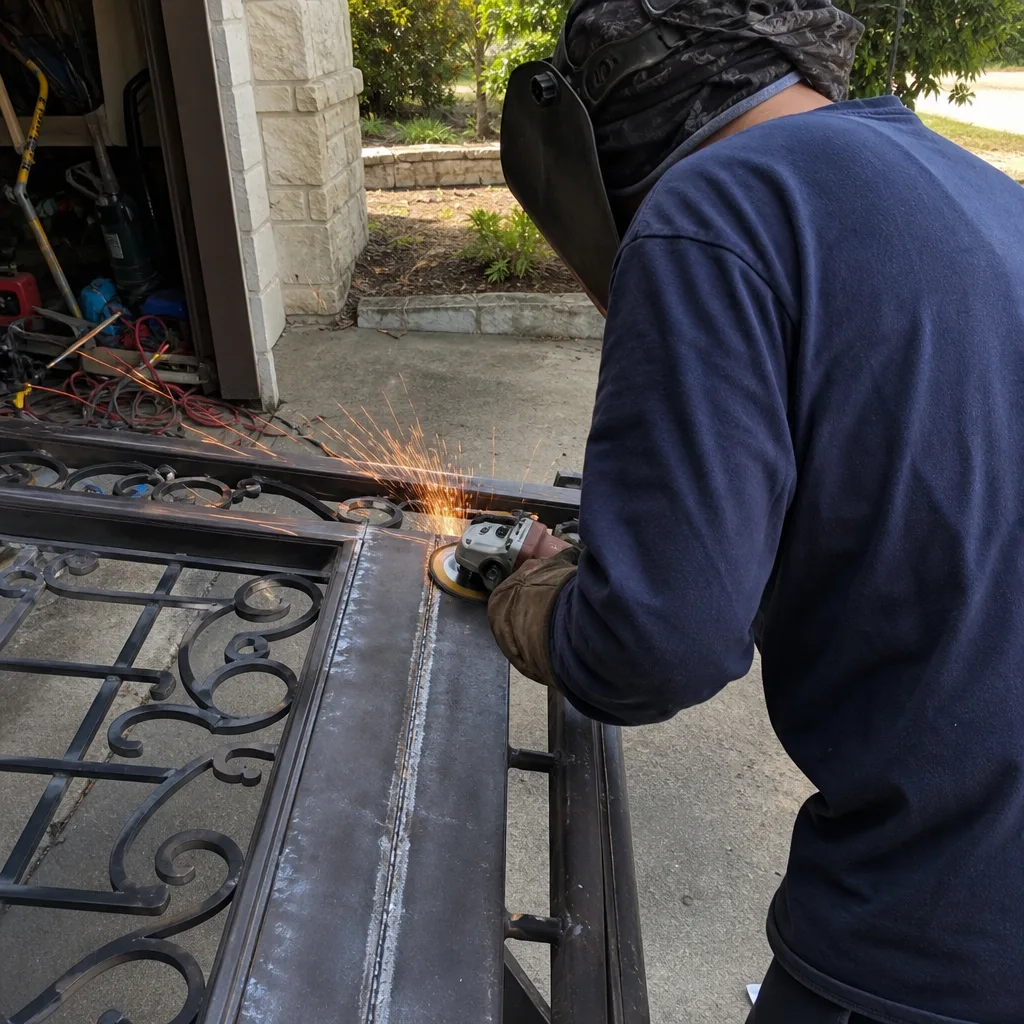 Metal worker using angle grinder for gate parts and welding repair nationwide